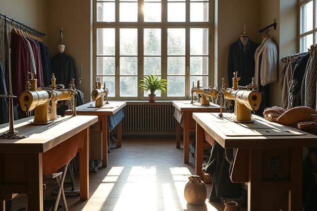 Innenansicht des eleganten Ateliers von Ornament Jacke in Leipzig, Sonnenlicht fällt auf feine Stoffe und Nähmaschinen.