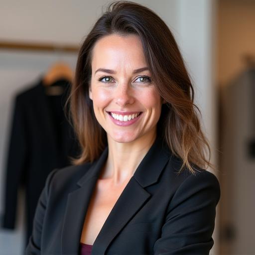 Porträt von Anna Müller, persönliche Stylistin, mit modischer Kleidung im Hintergrund.